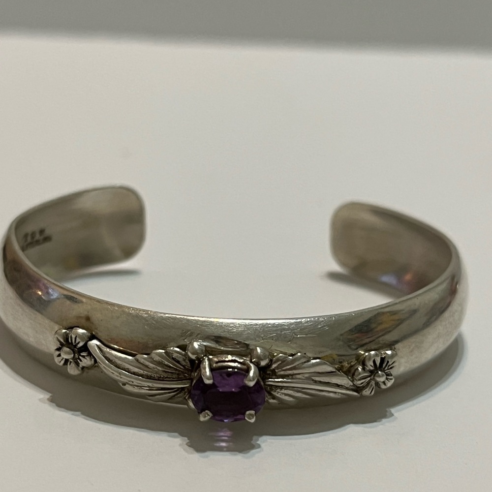 Vintage Carol Felley Amethyst Flower Cuff Sterling Silver Bracelet